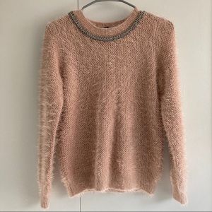 DustyPink Fuzzy Beaded Collar Soft Holiday Sweater